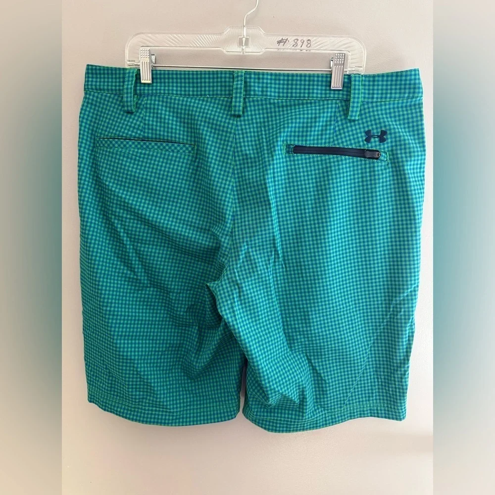 Under Armour Men’s Gingham Checkered Golf Shorts SZ 38 Logo Blue Green Casual
